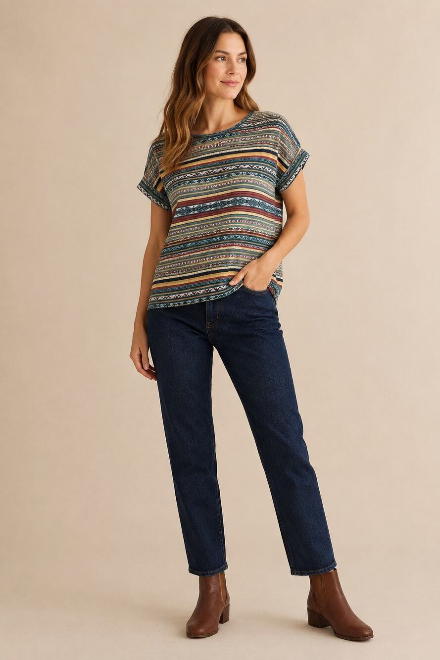 Peruvian Connection Pima Cotton Southwestern Jacquard Stripe Knit Top